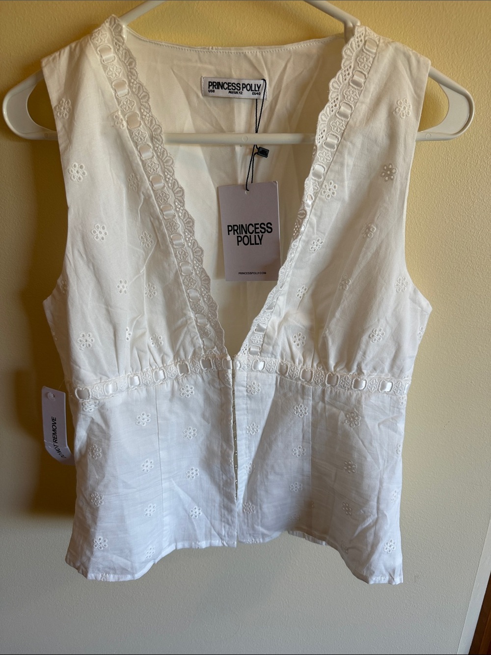 Princess Polly White Eyelet V-Neck Sleeveless Top